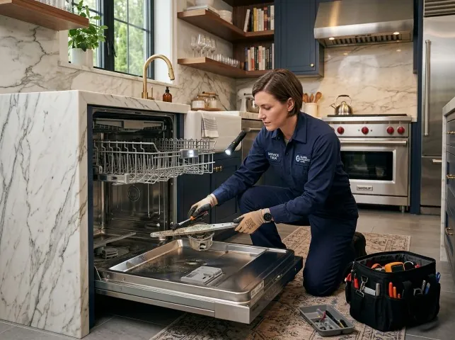 Appliance Repair Hero technician servicing a built-in dishwasher in a Anderson, SC kitchen