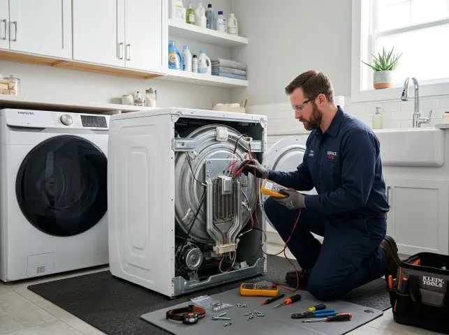 Appliance Repair Hero technician checking a dryer heating element with the rear panel off in Anderson, SC