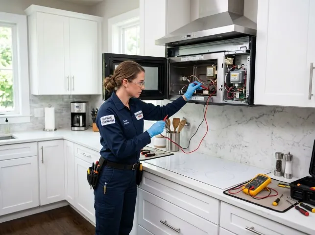 Appliance Repair Hero technician testing an over-the-range microwave in a Anderson, SC kitchen