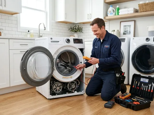 Appliance Repair Hero technician testing a front-load washer with a multimeter on a Anderson, SC service call